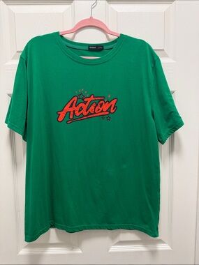 ROMWE Green Tee with Red 'Action' Graphic